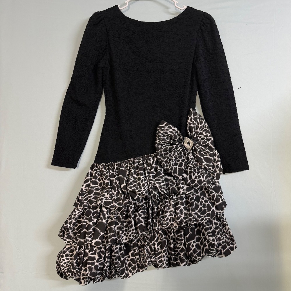 Vintage Huey Waltzer for Darcy Size 7/8 Leopard Bow Tiered Bubble Dress